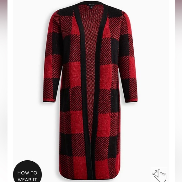 Torrid duster cardigan buffalo red and black plaid sweater 2X - Picture 4 of 5